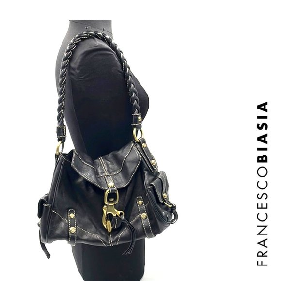 Francesco Biasia Black Leather Secret Love Shoulder Satchel Bag